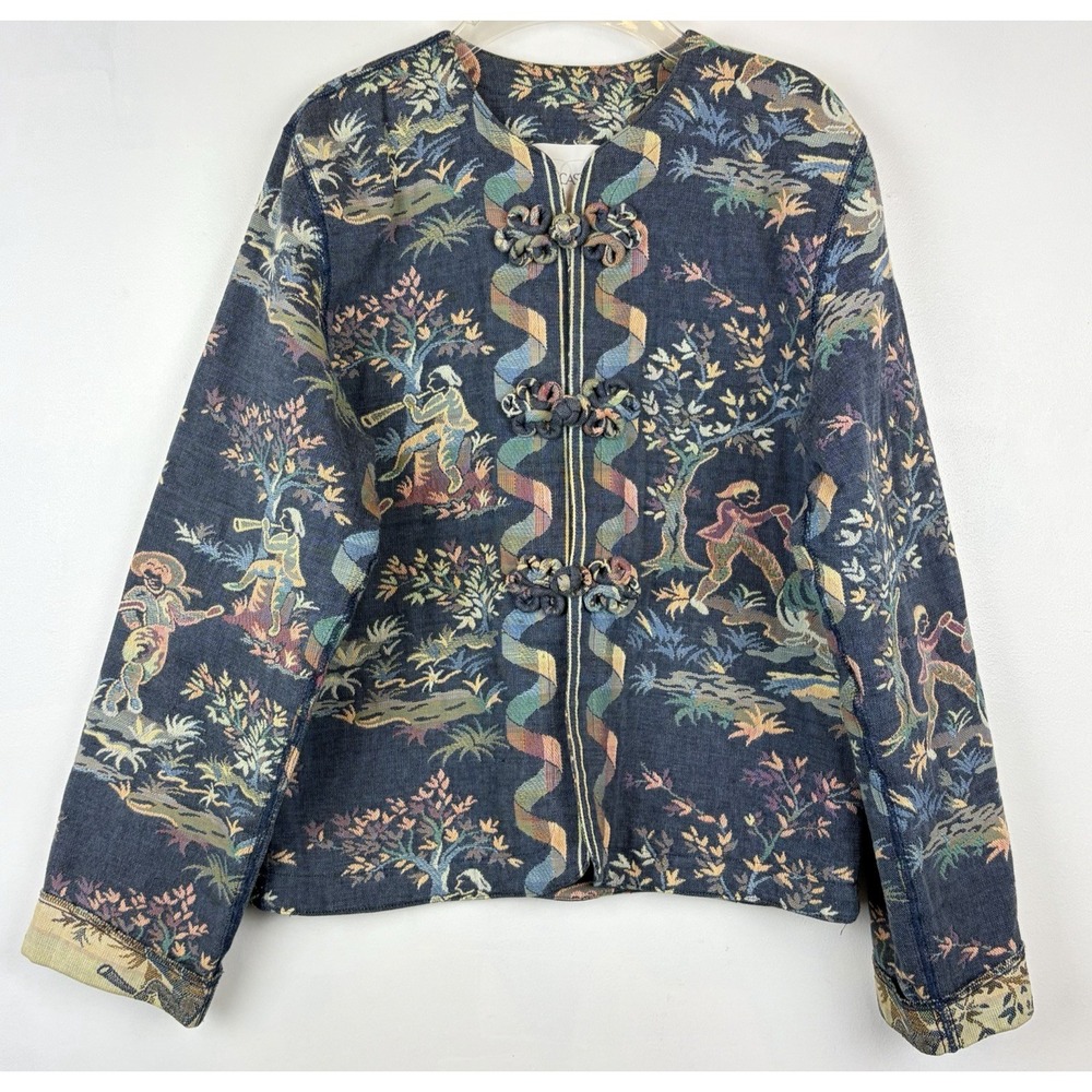 Vtg Doncaster Special Folk Toile Tapestry Art To Wear Jacket Sz 6 Frog Closure